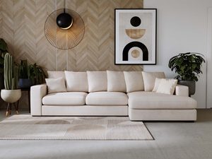 Miniaturka 29 - Beżowy narożnik tapicerowany z dekoracyjnym wykończeniem w jasnym salonie