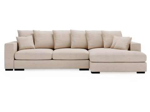 Sofa kremowa z szerokimi poduchami i czarnymi nogami