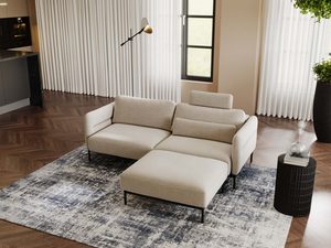 Miniaturka 30 - Narożnik beżowy z podnóżkiem w stylu skandynawskim w jasnym salonie