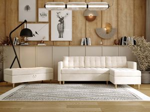 Miniaturka 33 - Sofa beżowa tapicerowana z drewnianymi nogami w aranżacji nowoczesnego salonu