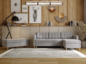 Miniaturka 11 - Szary narożnik z klasycznym wzorem i poduchami o wysokim profilu