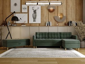 Miniaturka 34 - Rozkładana sofa zielona z pojemnikiem i drewnianymi nogami do salonu skandynawskiego