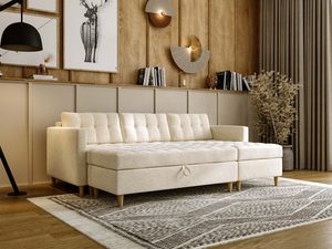 Miniaturka 13 - Luksusowy beżowy narożnik z pojemnikiem na pościel i przeszyciami