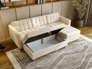 Miniaturka 38 - Luksusowa sofa rozkładana kremowa z pojemnikiem i pikowaniem w salonie glamour