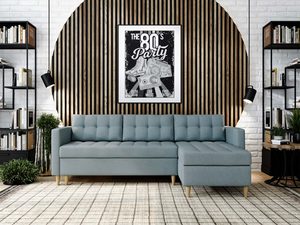 Miniaturka 26 - Narożnik w stylu skandynawskim w kolorze błękitnym z drewnianymi nogami