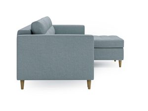 Miniaturka 7 - Skandynawski narożnik w kolorze miętowym z prostą bryłą i pojemnikiem