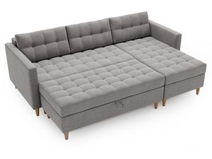 Miniaturka 14 - Narożnik szary z pojemnikiem i drewnianymi nogami w funkcjonalnym stylu