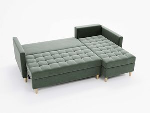 Miniaturka 32 - Zielony narożnik z funkcją spania i drewnianą podstawą do nowoczesnego salonu