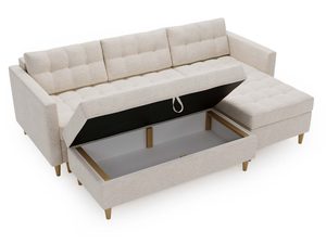 Miniaturka 16 - Beżowy narożnik rozkładany z pikowaniem i drewnianymi nogami do salonu