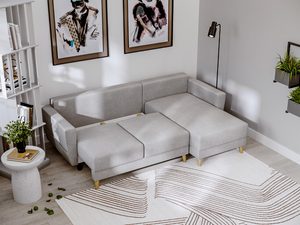 Miniaturka 40 - Jasnoszara sofa narożna w nowoczesnym wnętrzu z obrazami