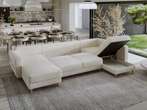 Miniaturka 25 - Jasnobeżowy narożnik w nowoczesnym salonie z funkcją spania