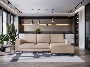 Miniaturka 36 - Beżowy narożnik w przestronnej aranżacji salonu z drewnianą podłogą
