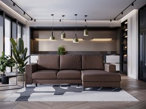 Miniaturka 42 - Brązowy narożnik z dekoracyjnymi lampami i ścianą z półkami