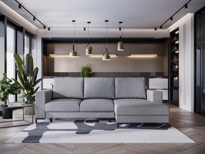 Miniaturka 41 - Szary narożnik z miękkim siedziskiem i poduszkami w jasnym wnętrzu