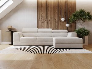 Miniaturka 35 - Narożnik kremowy w salonie z drewnianą ścianą i lampą