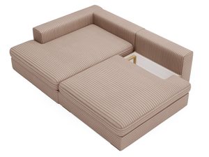 Miniaturka 32 - Beżowy narożnik wypoczynkowy z eleganckim splotem tapicerki