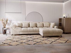 Miniaturka 33 - Beżowy narożnik z funkcją spania i dużym siedziskiem w salonie