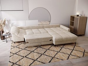 Miniaturka 37 - Rozłożony narożnik beżowy z funkcją spania w aranżacji sypialni