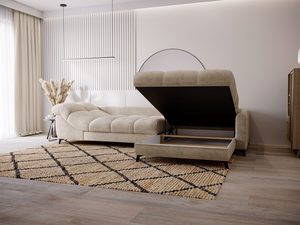 Miniaturka 38 - Łóżko tapicerowane beżowe z pojemnikiem i miękkim zagłówkiem