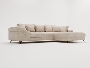 Miniaturka 28 - Nowoczesny narożnik tapicerowany beżowy z poduchami i drewnianą nogą