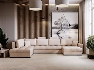 Miniaturka 34 - Narożnik beżowy w salonie z dekoracyjną ścianą z lameli