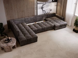 Miniaturka 39 - Duży narożnik brązowy w aranżacji salonu z drewnianą lamelą