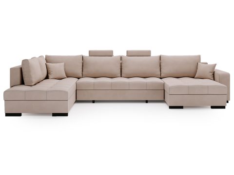 Beżowy narożnik w nowoczesnej sypialni z funkcją spania i pojemnikiem