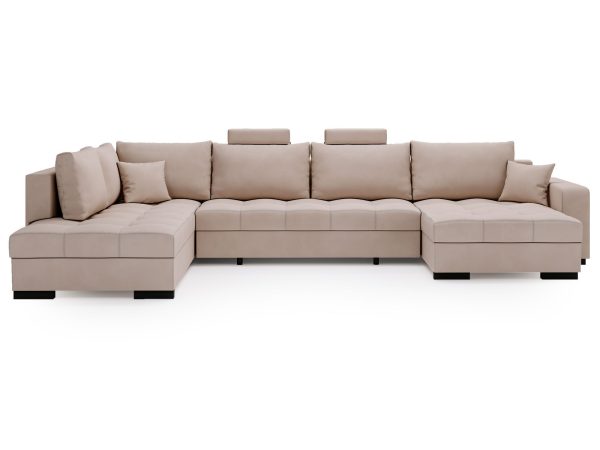 Beżowy narożnik w nowoczesnej sypialni z funkcją spania i pojemnikiem