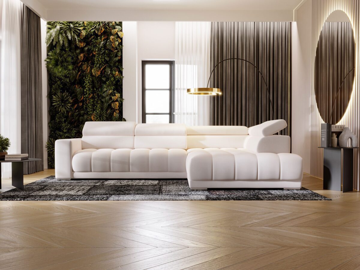 Biała sofa modułowa z pikowanym siedziskiem