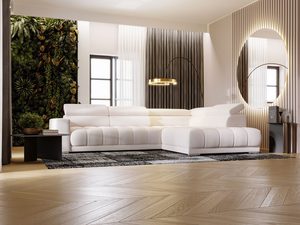 Miniaturka 26 - Beżowy narożnik z dwoma podłokietnikami i ozdobnym wykończeniem