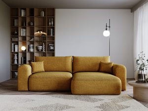 Miniaturka 14 - Musztardowa sofa w nowoczesnym salonie z regałem