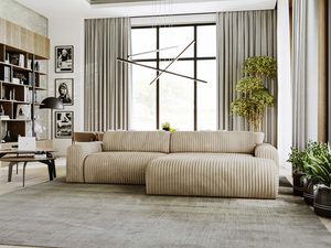 Miniaturka 36 - Beżowy narożnik sztruksowy puszysty zaokrąglony w salonie