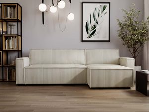 Miniaturka 54 - Beżowy narożnik sztruksowy rozkładany w nowoczesnym wnętrzu