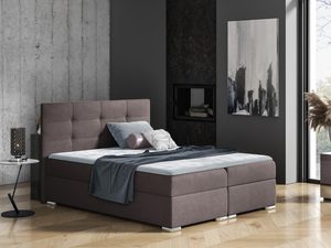 Miniaturka 1 - Brązowe łóżko tapicerowane z prostym zagłówkiem i solidną konstrukcją w przestronnej sypialni