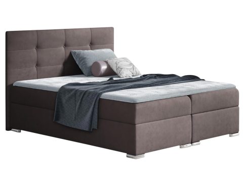 Brązowe łóżko tapicerowane z prostym zagłówkiem i solidną konstrukcją