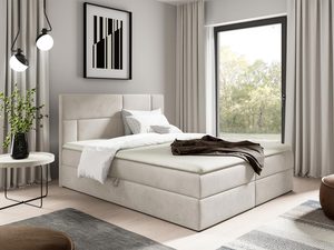 Miniaturka 1 - Beżowe łóżko tapicerowane z prostym zagłówkiem i wygodnym materacem w jasnej przestronnej sypialni