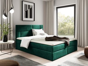 Miniaturka 13 - Łóżko tapicerowane w zielonym kolorze z pikowanym zagłówkiem w aranżacji sypialnianej