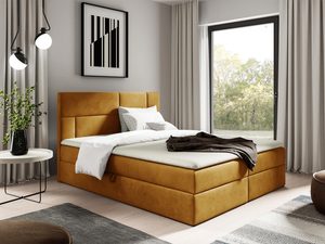 Miniaturka 15 - Łóżko tapicerowane w musztardowym kolorze z ozdobnym zagłówkiem w aranżacji sypialnianej