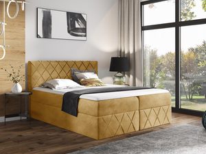 Miniaturka 1 - Łóżko tapicerowane w musztardowym kolorze z geometrycznym wzorem