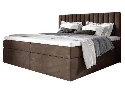 Łóżko tapicerowane w brązowym kolorze z pikowanym zagłówkiem