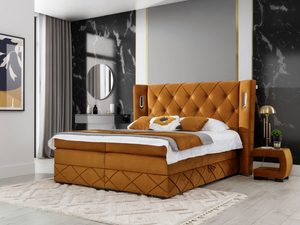 Miniaturka 2 - Łóżko tapicerowane pikowane, musztardowe z ozdobnym zagłówkiem, styl glamour