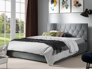 Miniaturka 1 - Szare łóżko tapicerowane z kontrastowym pledem w eleganckiej sypialni