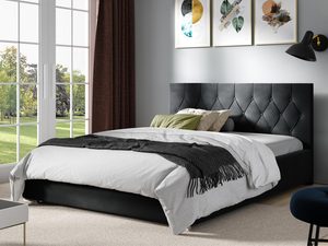 Miniaturka 8 - Czarne łóżko tapicerowane z kontrastowym pledem w eleganckiej sypialni