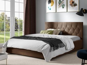 Miniaturka 6 - Brązowe łóżko sypialniane z ozdobnym wezgłowiem i białą pościelą