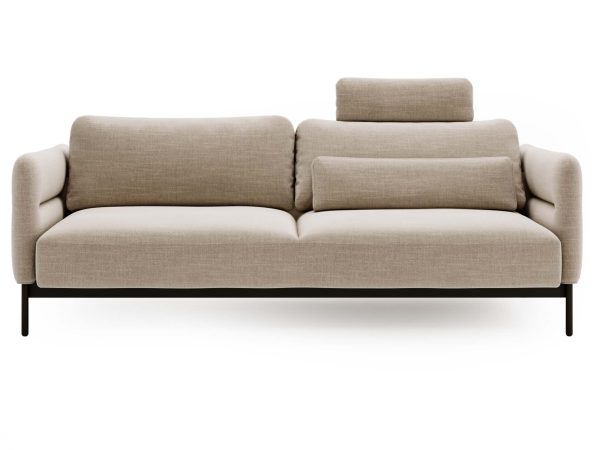 Sofa beżowa z zagłówkami i elegancką tapicerką