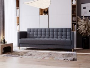 Miniaturka 28 - Szara sofa z tkaniny z dekoracyjnym pikowaniem i drewnianymi nogami