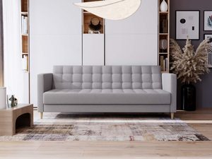 Miniaturka 29 - Sofa skandynawska jasnoszara z pikowaniem w przestronnym wnętrzu