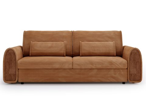 Rdzawa sofa z teksturą w prążki i prostym kształtem