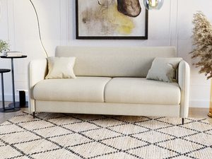 Miniaturka 5 - Beżowa sofa dwuosobowa tapicerowana w nowoczesnym salonie