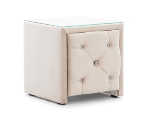 Miniaturka 1 - Pufa tapicerowana beżowa z perspektywy bocznej